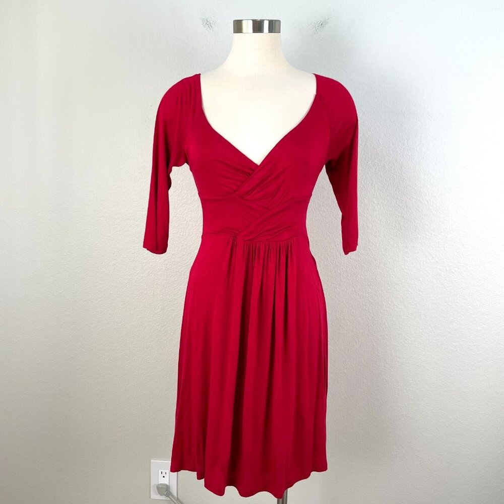 Velvet by Graham & Spencer Womens Small Red V Neck Dress 3/4 Sleeve Stretch